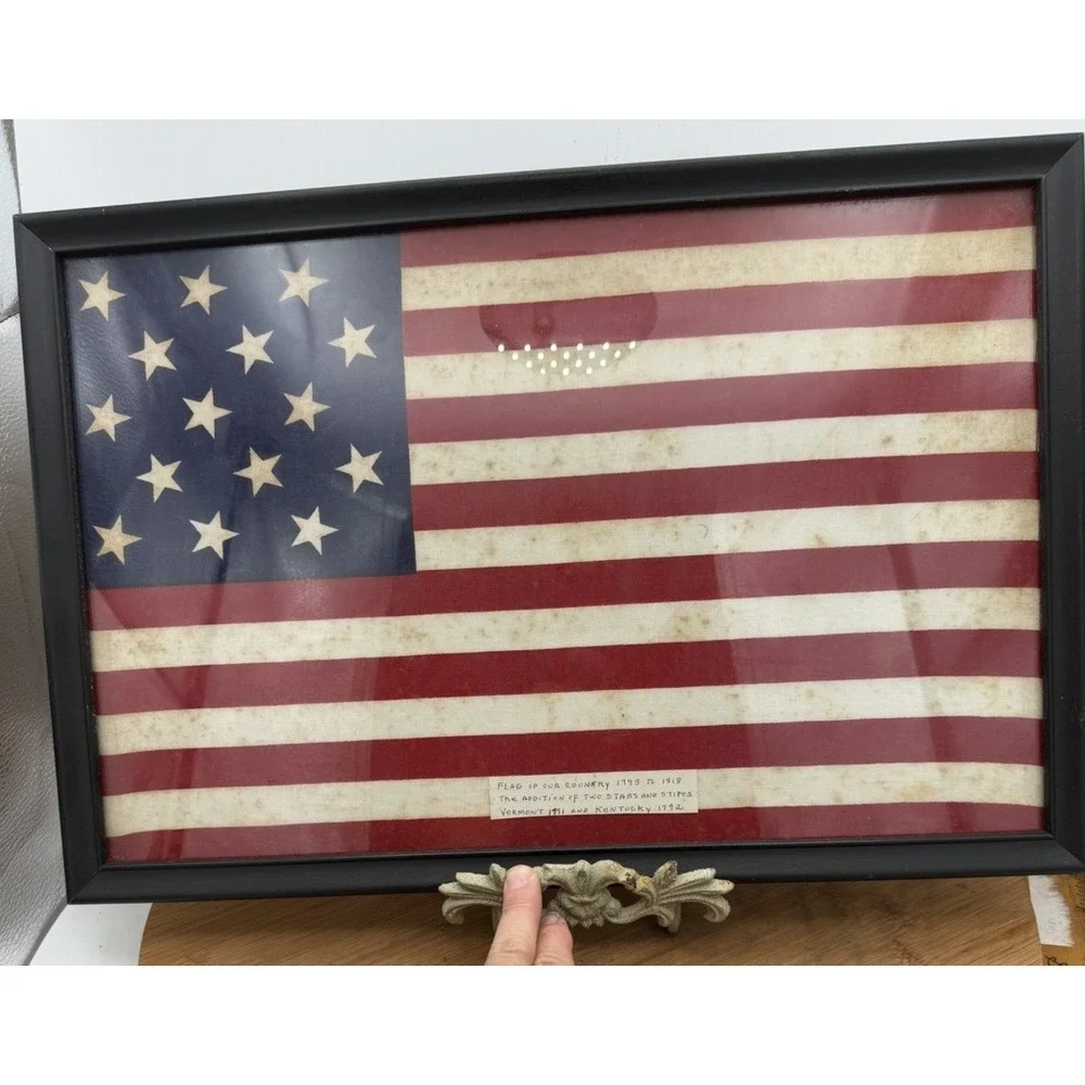 Vtg American Flag 1795-1818 Framed Cloth hand flag Vermont & Kentucky Patriotic